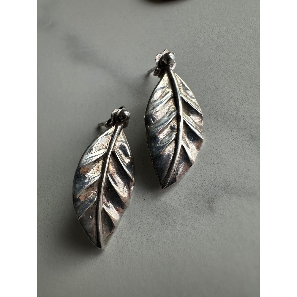 Vintage 925 Sterling Silver Leaf Drop Earrings Nature Botanical Studs Ear Jacket